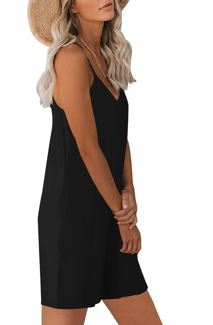 Qnasey Women Sleeveless Romper Jumpsuit Adjustable Straps Pockets Black L