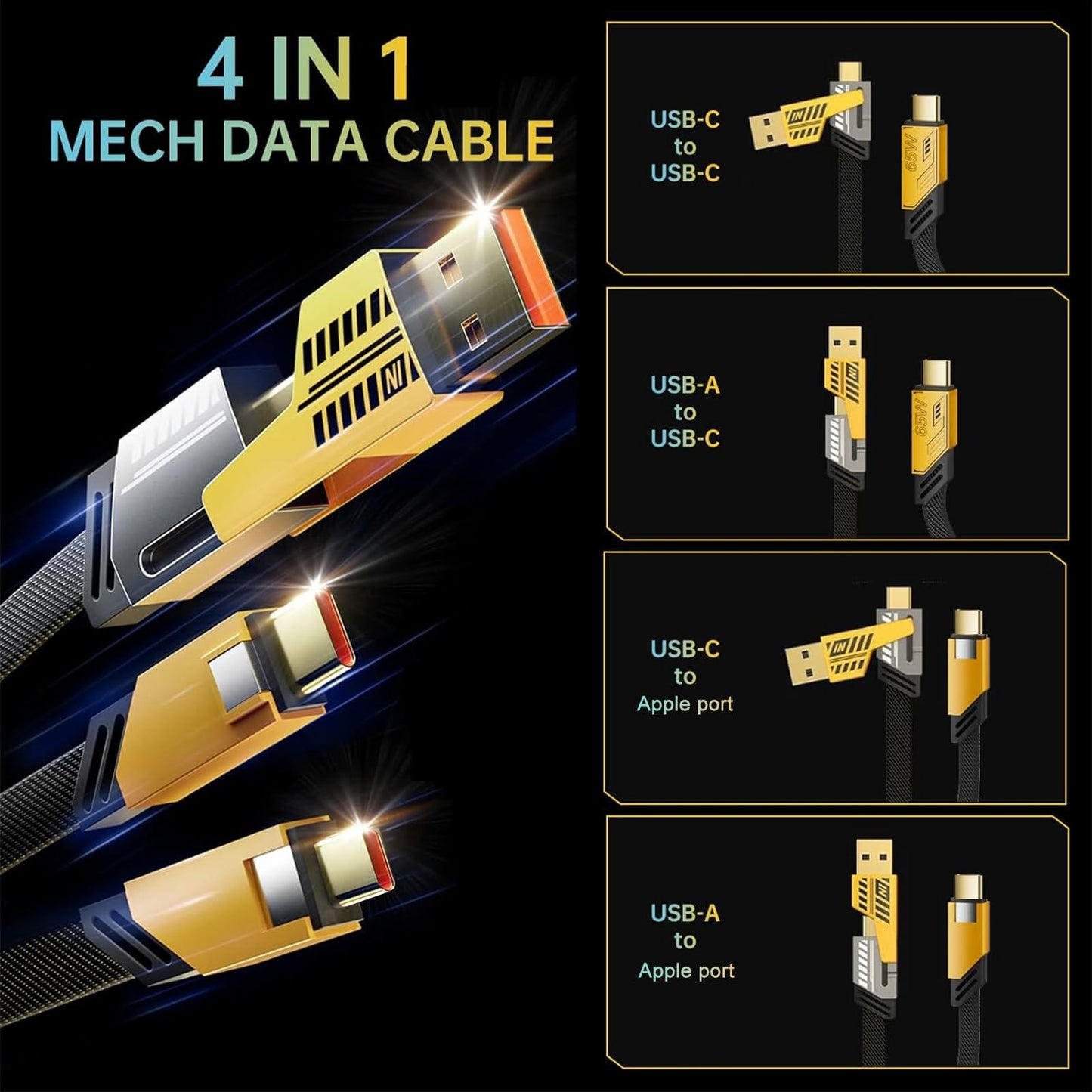 4-in-1 USB-C Charging Cable PD 65W Fast Charge Data Sync 4ft