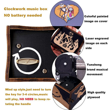 Wood Music Box Wind Up Laser Engraved Halloween Christmas Musical Gift