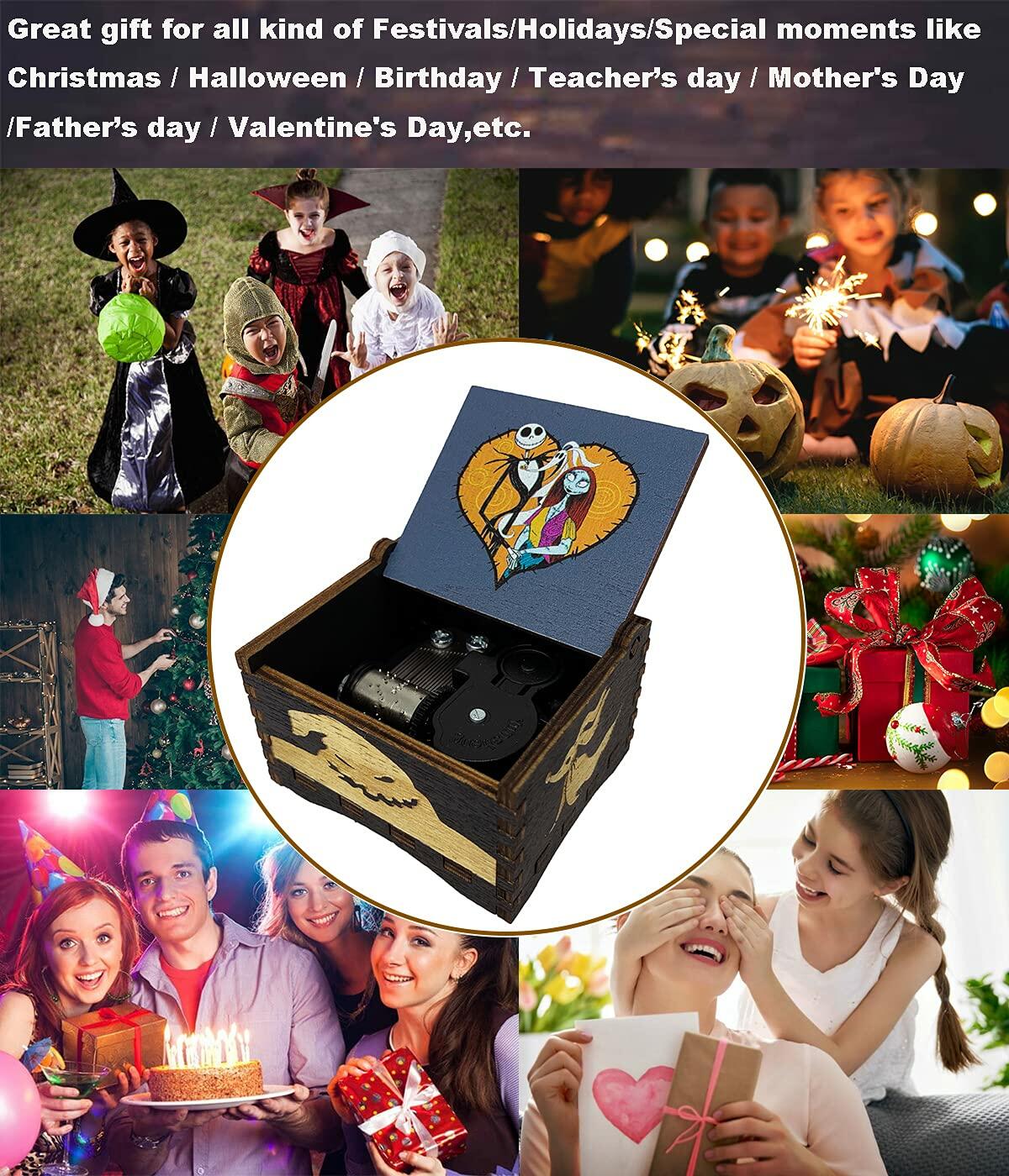 Wood Music Box Wind Up Laser Engraved Halloween Christmas Musical Gift