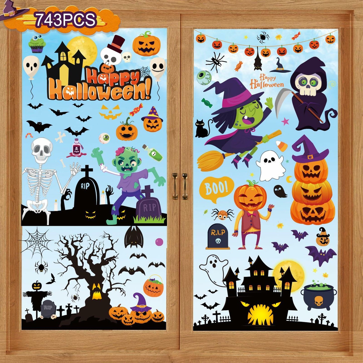 Halloween Decorations 743 PCS Window Clings 10 Sheets Large Double-Sided