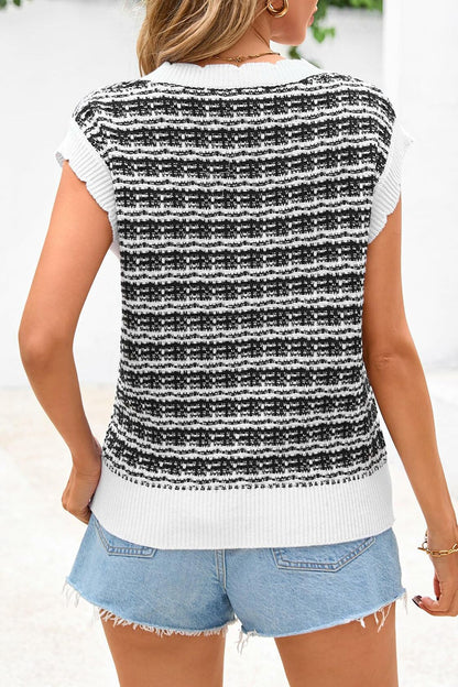 CFLONGE Women Sleeveless Striped Sweater Vest Cropped Knit Black White XXL