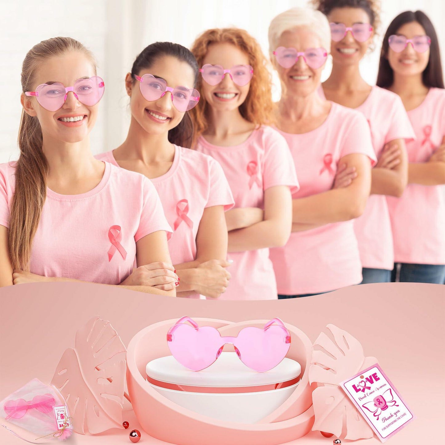 Tellegloww 24pcs Pink Heart Sunglasses Breast Cancer Awareness Gifts