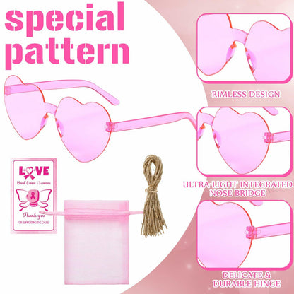 Tellegloww 24pcs Pink Heart Sunglasses Breast Cancer Awareness Gifts
