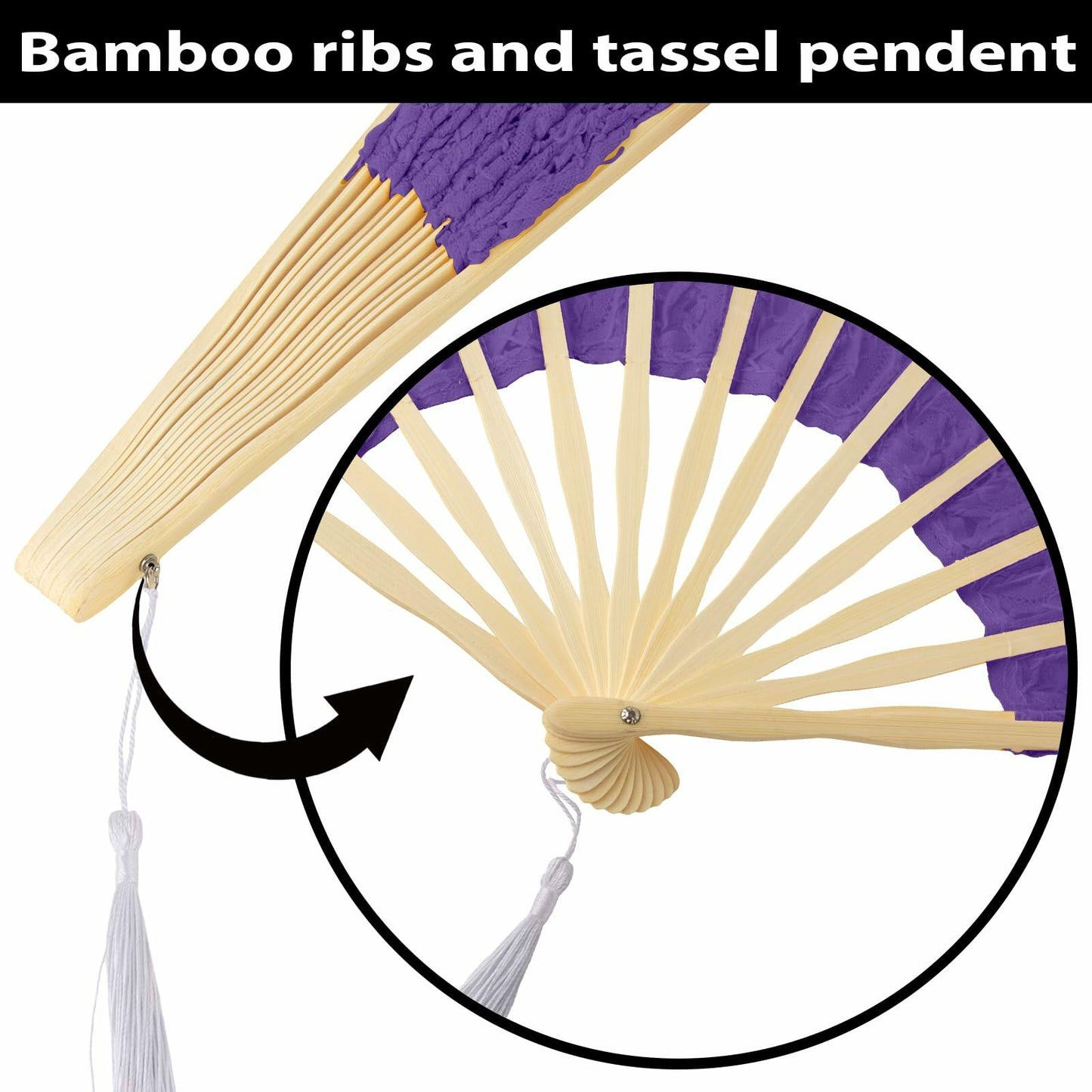 TopTie Dark Blue Lace Folding Fan Bamboo Hand Fan with Tassel