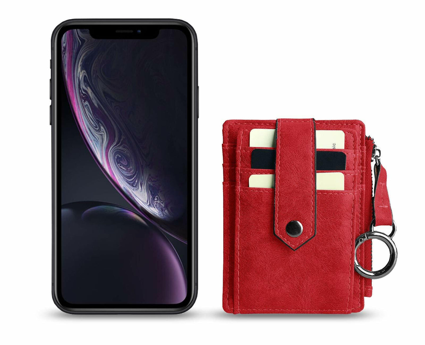 AOXONEL RFID Leather Keychain Wallet Credit Card Holder Coin Purse Red