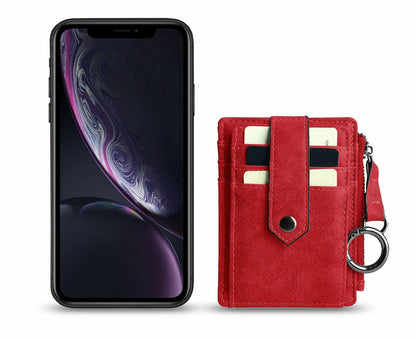 AOXONEL RFID Leather Keychain Wallet Credit Card Holder Coin Purse Red