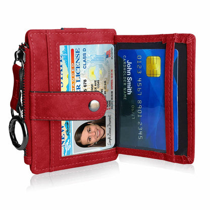 AOXONEL RFID Leather Keychain Wallet Credit Card Holder Coin Purse Red