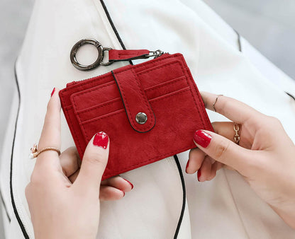 AOXONEL RFID Leather Keychain Wallet Credit Card Holder Coin Purse Red