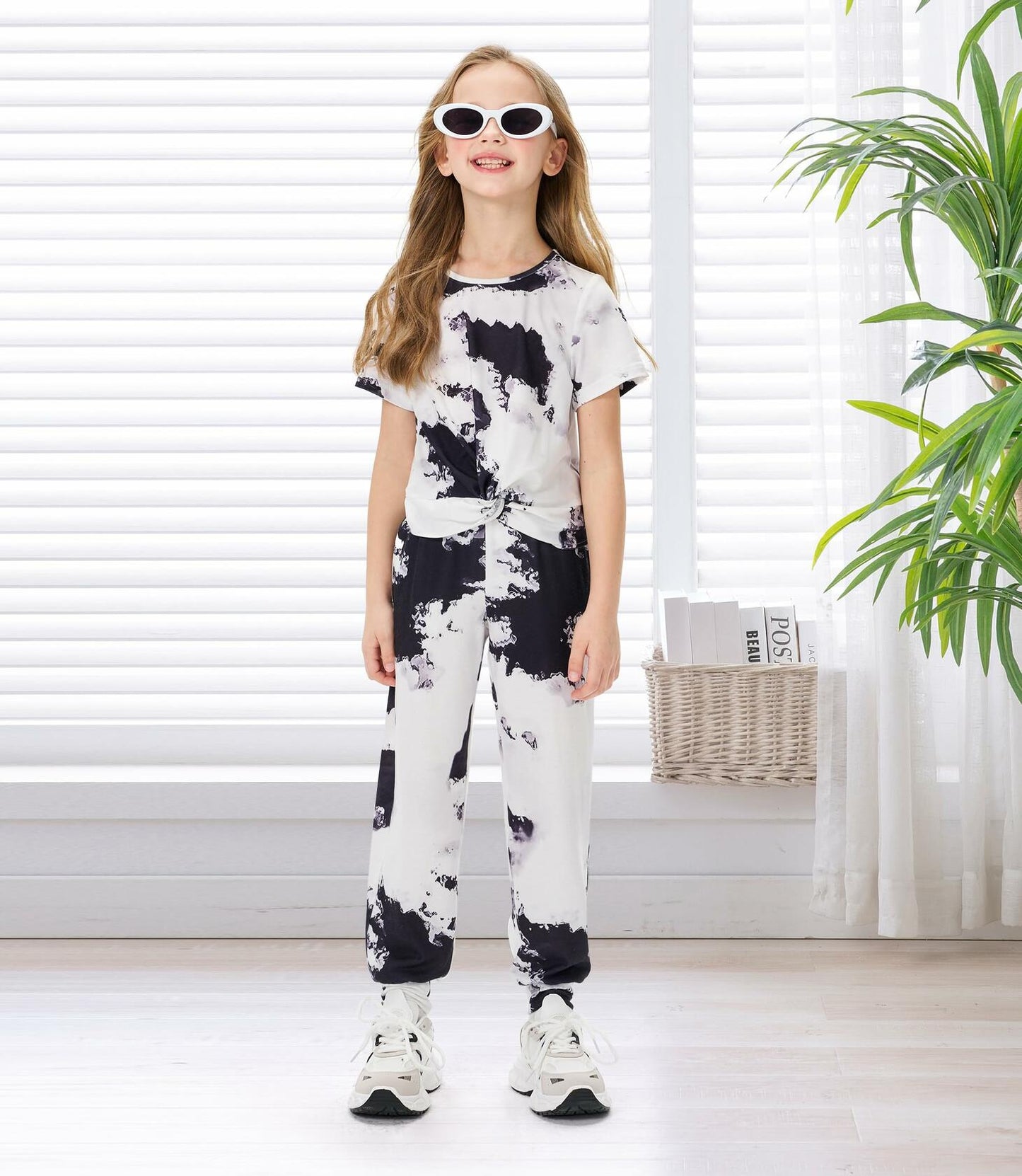Hvididan Girls Tie Dye Twist Front Top & Sweatpants Set Black White Size 9-10Y