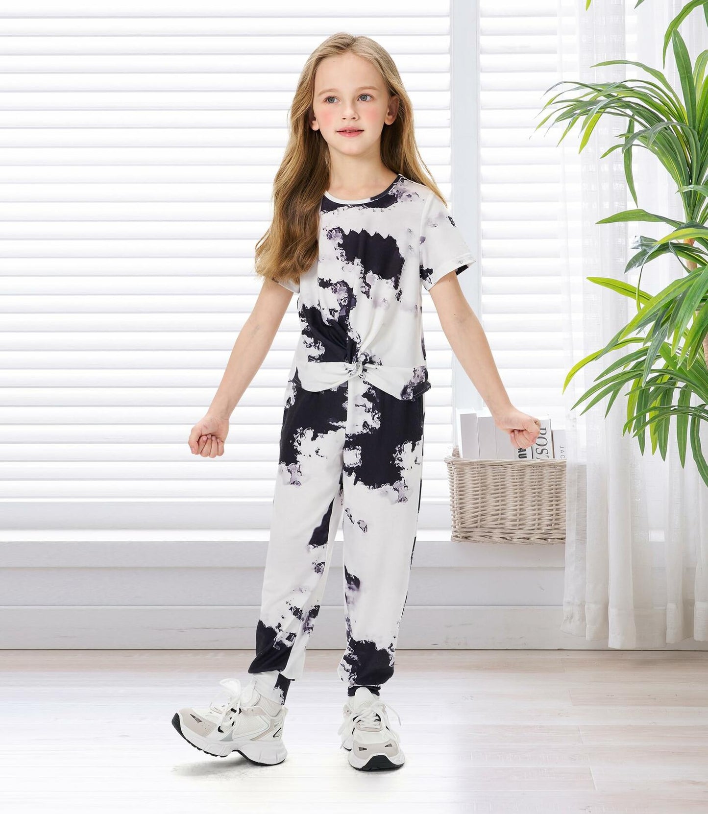 Hvididan Girls Tie Dye Twist Front Top & Sweatpants Set Black White Size 9-10Y