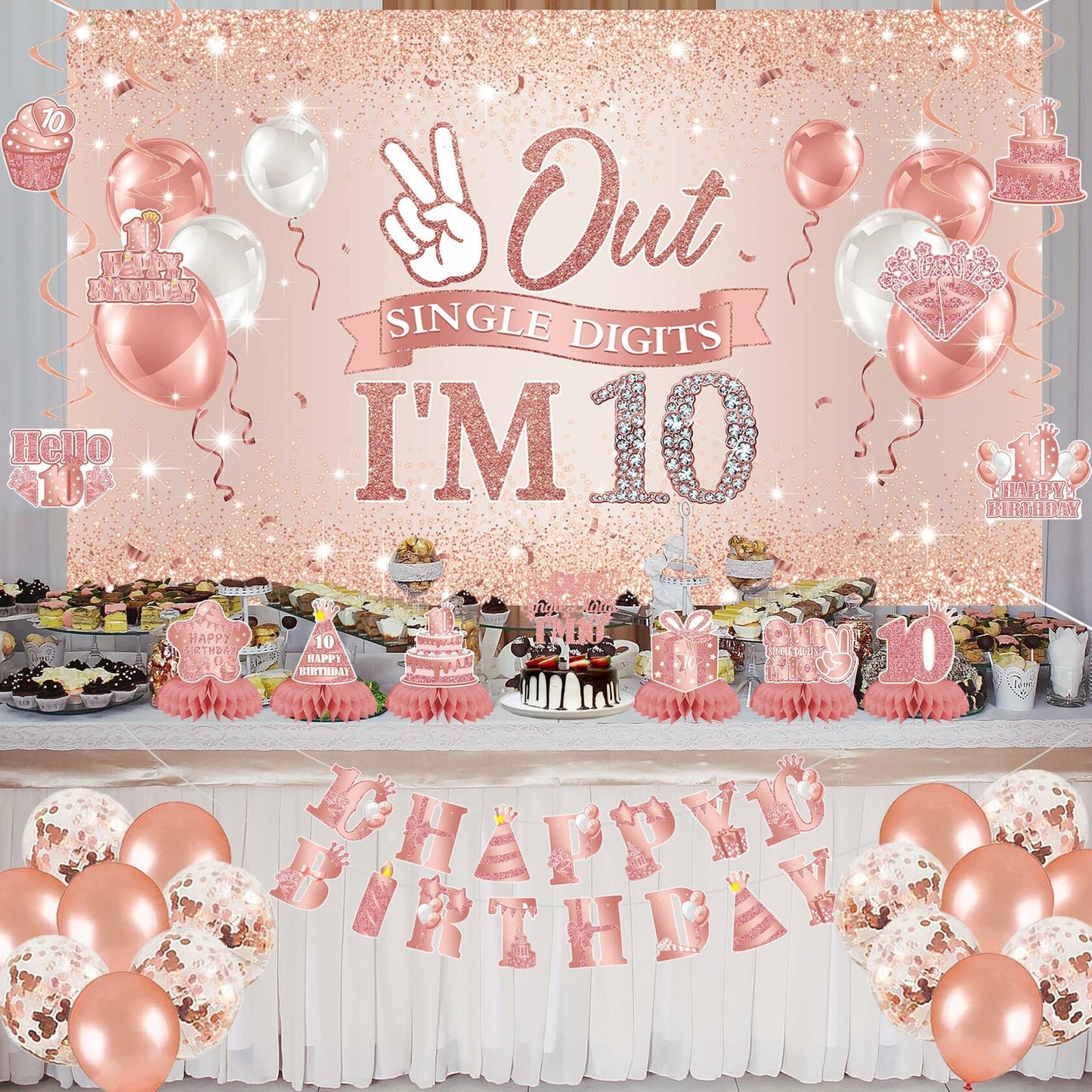 Holkcog Happy 10th Birthday Decorations Girl Rose Gold Banner Party Supplies