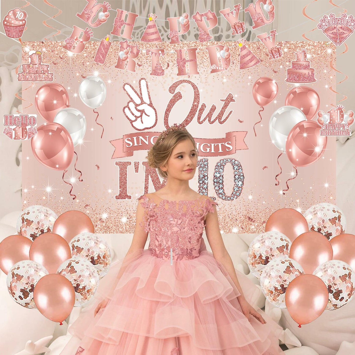 Holkcog Happy 10th Birthday Decorations Girl Rose Gold Banner Party Supplies