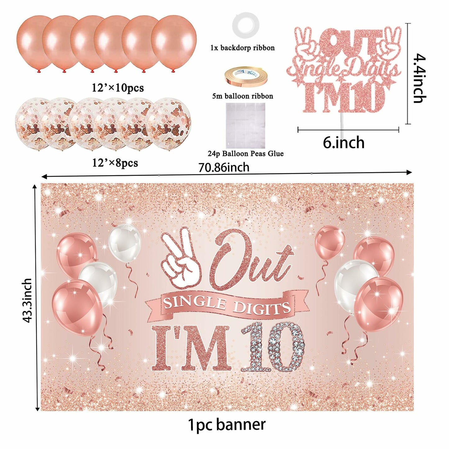 Holkcog Happy 10th Birthday Decorations Girl Rose Gold Banner Party Supplies