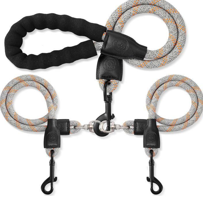 Mengbei Tribe Double Dog Leash Detachable 360° Swivel Reflective Grey Size L
