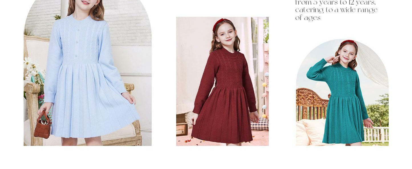 WULFUL Girls Sweater Dress Long Sleeve Button Pleated Knit Light Blue Size 7-8Y