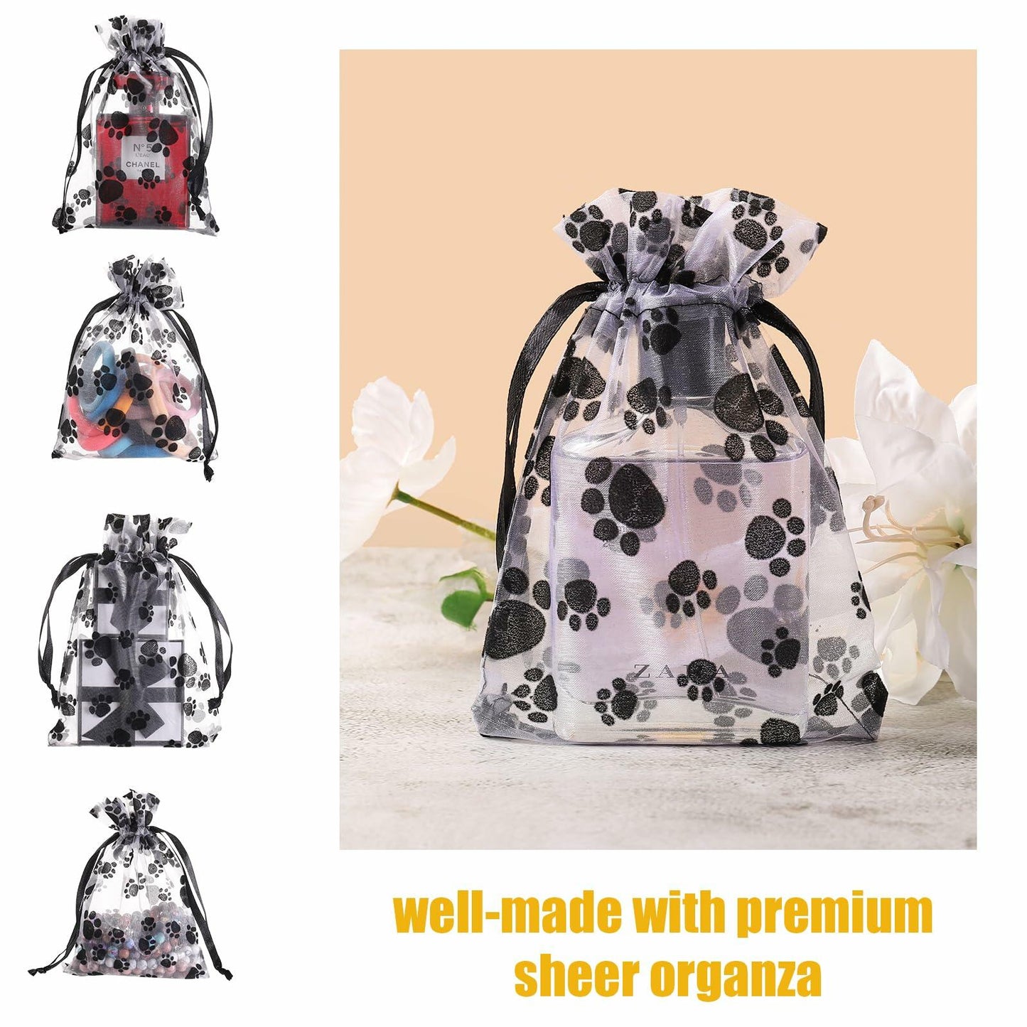 SHYRABBIT Paw Print Organza Drawstring Bags 8x12in White 10pcs