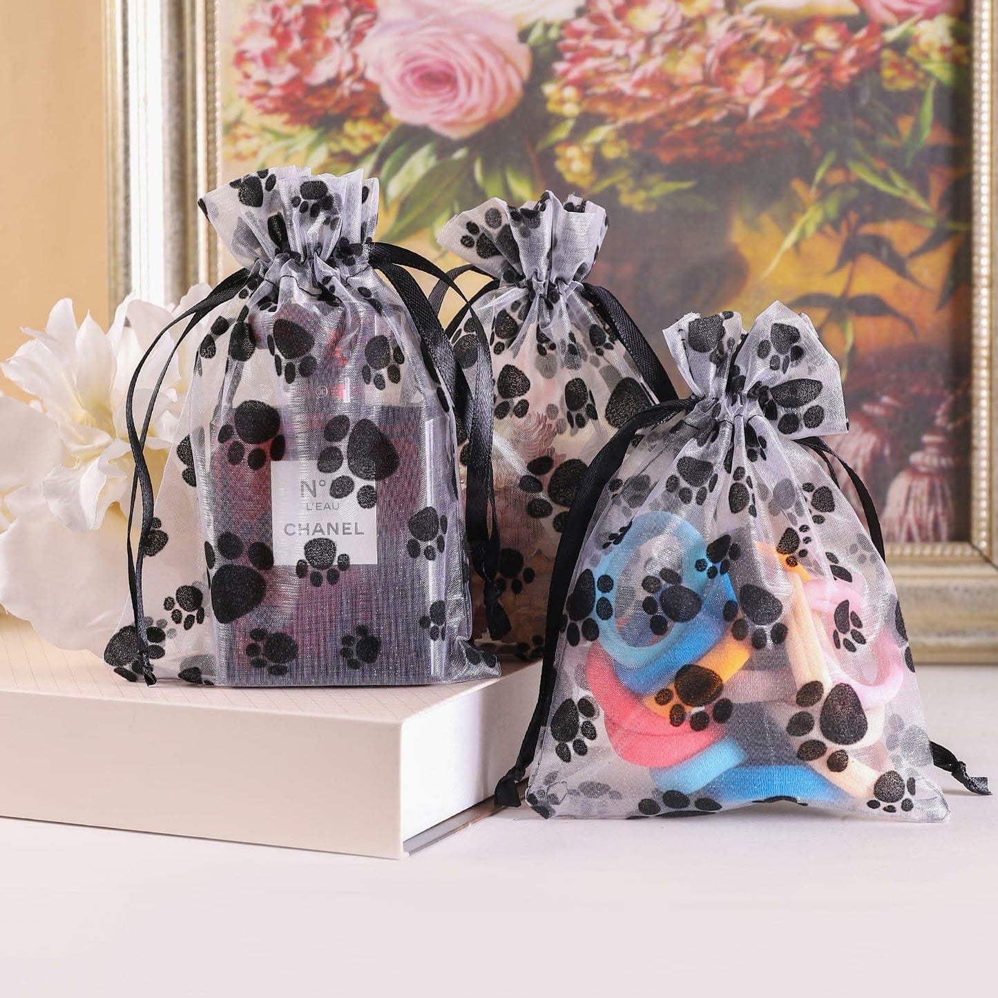 SHYRABBIT Paw Print Organza Drawstring Bags 8x12in White 10pcs