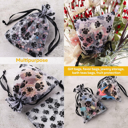 SHYRABBIT Paw Print Organza Drawstring Bags 8x12in White 10pcs
