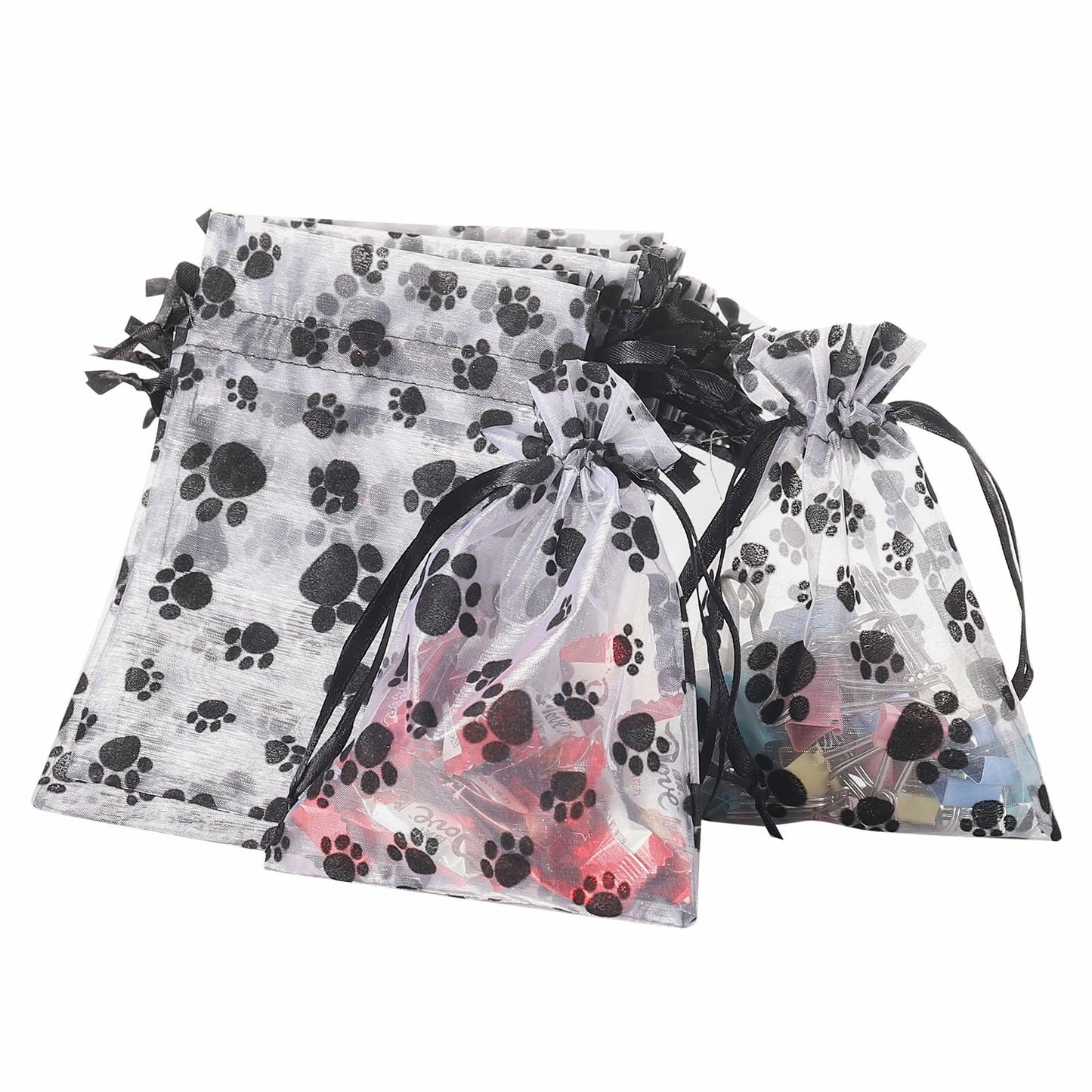 SHYRABBIT Paw Print Organza Drawstring Bags 8x12in White 10pcs