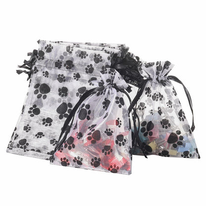 SHYRABBIT Paw Print Organza Drawstring Bags 8x12in White 10pcs