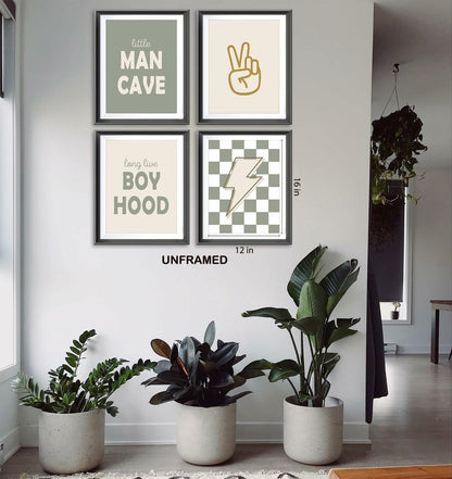 AEHIE Little Man Cave Retro Checkered Lightning Peace Sign 8x10in 4pcs Green