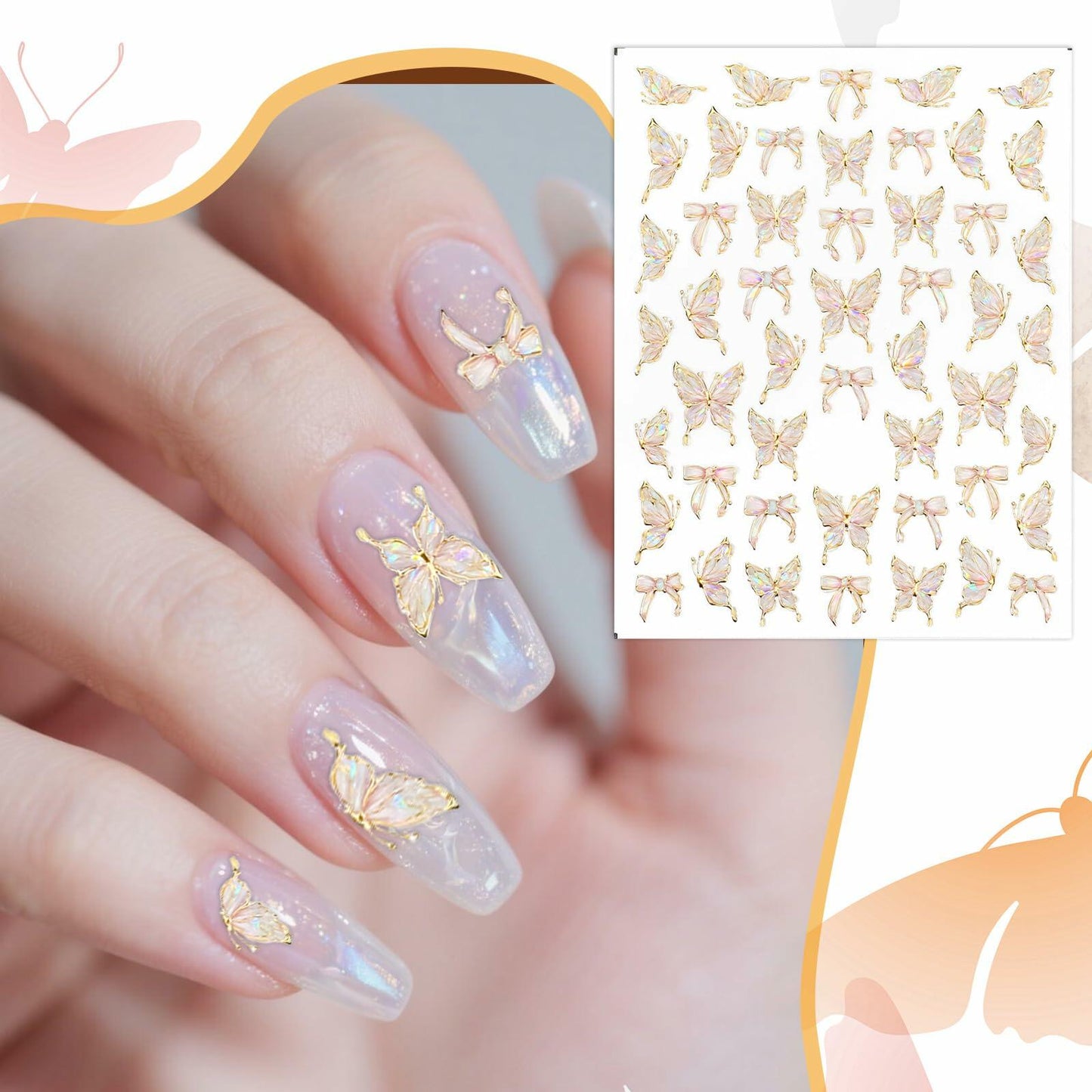Prasacco Butterfly Nail Stickers 5D Embossed Gold Shell Nail Art Decals