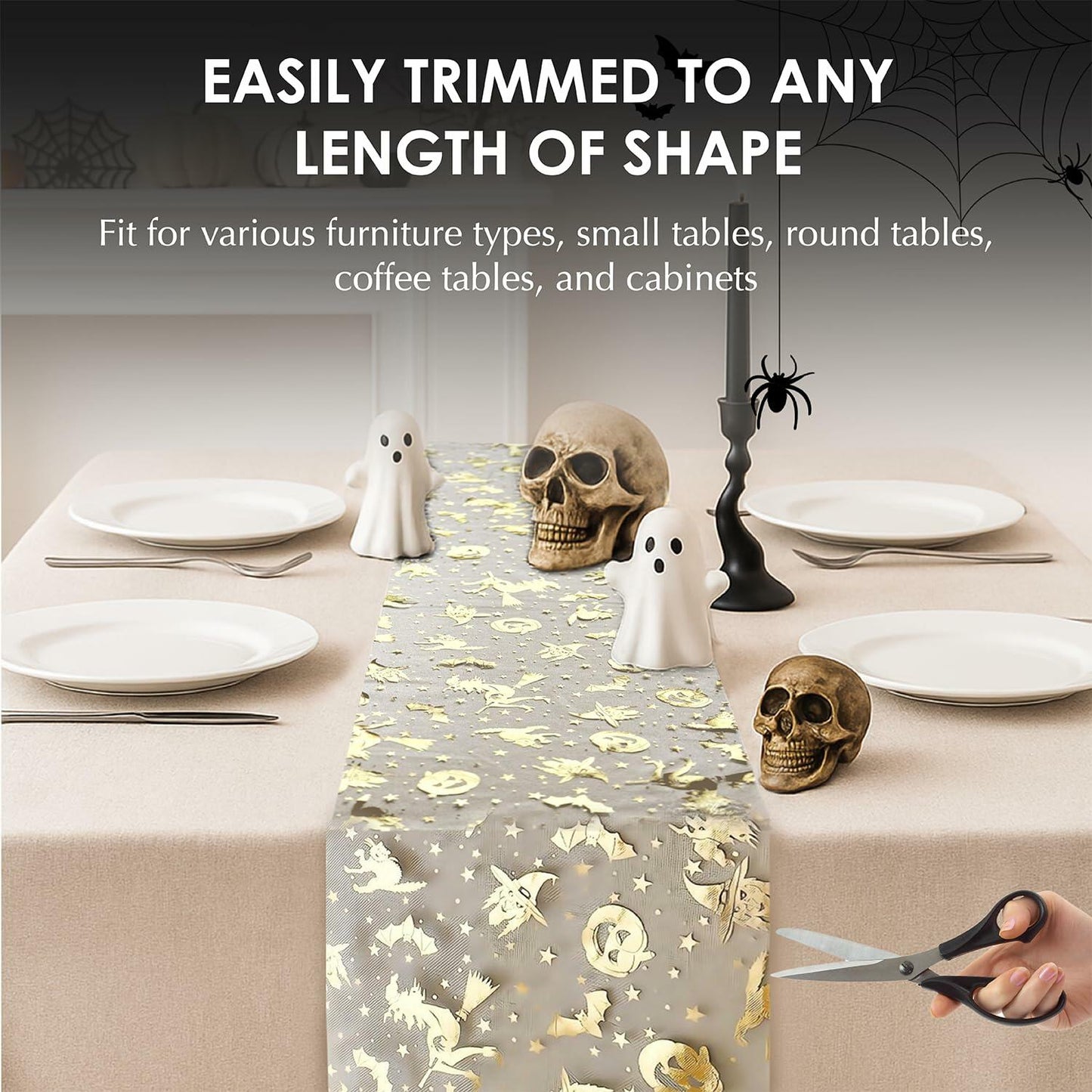 Sioloc Halloween Table Runner Gold Foil Witch Bat Pumpkin Sheer Polyester