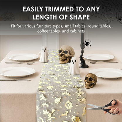 Sioloc Halloween Table Runner Gold Foil Witch Bat Pumpkin Sheer Polyester