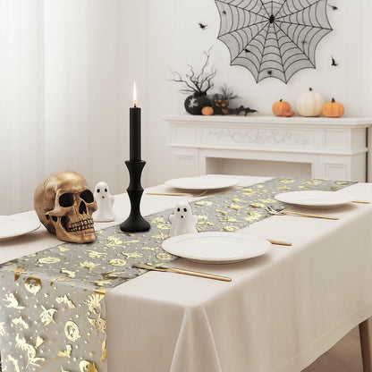 Sioloc Halloween Table Runner Gold Foil Witch Bat Pumpkin Sheer Polyester