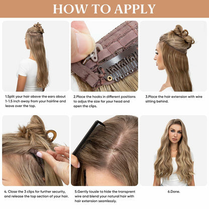 challeam Invisible Transparent Wire Hair Extensions Wavy Curly Long Synthetic