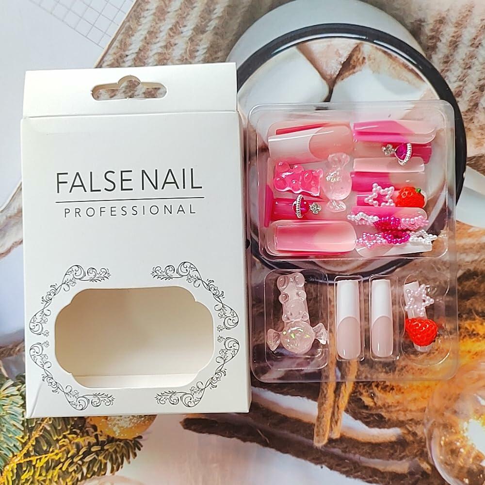 YEFIUO Pink Press On Nails 24 Pcs Long Square Full Cover Acrylic Set
