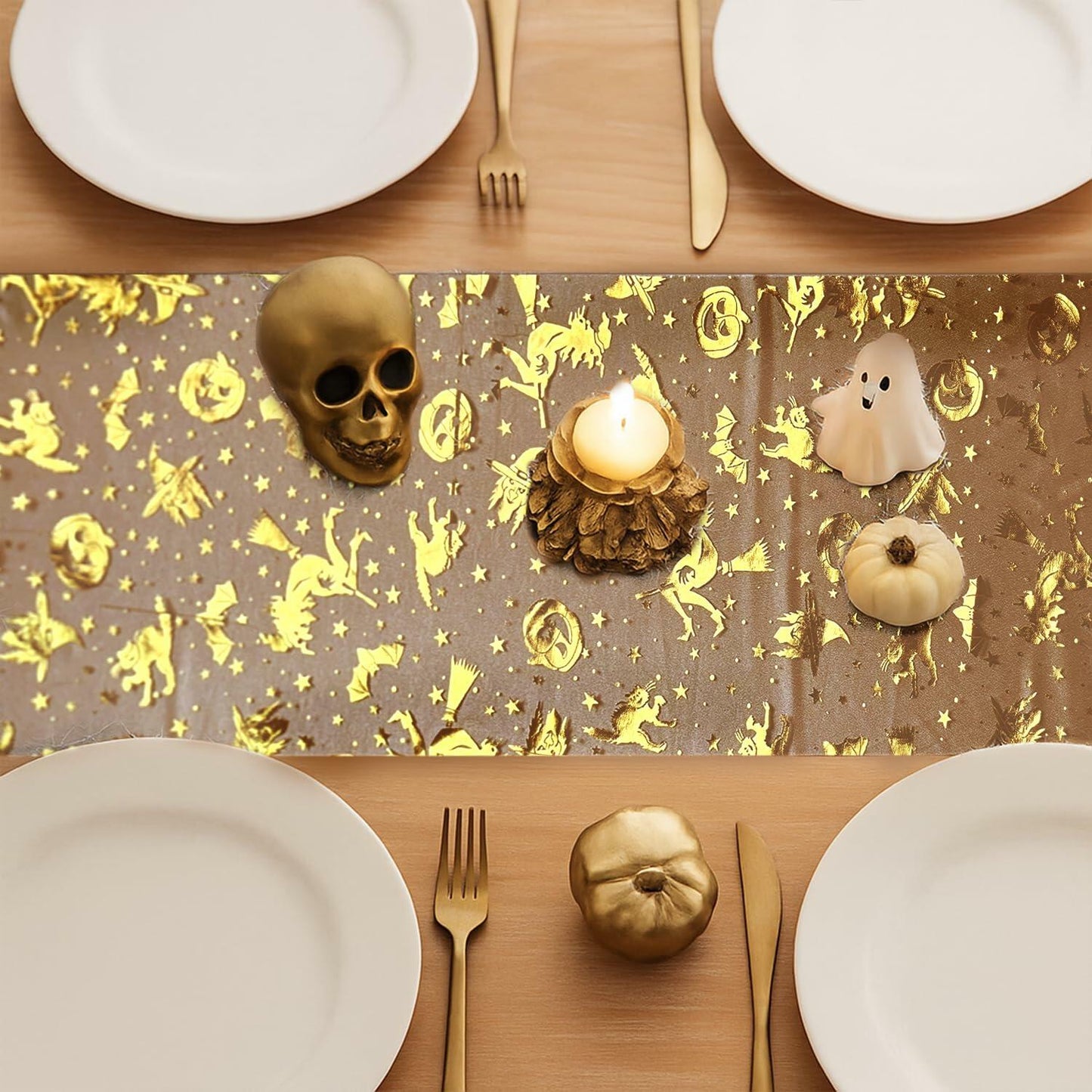 Sioloc Halloween Table Runner Gold Foil Witch Bat Pumpkin Sheer Polyester