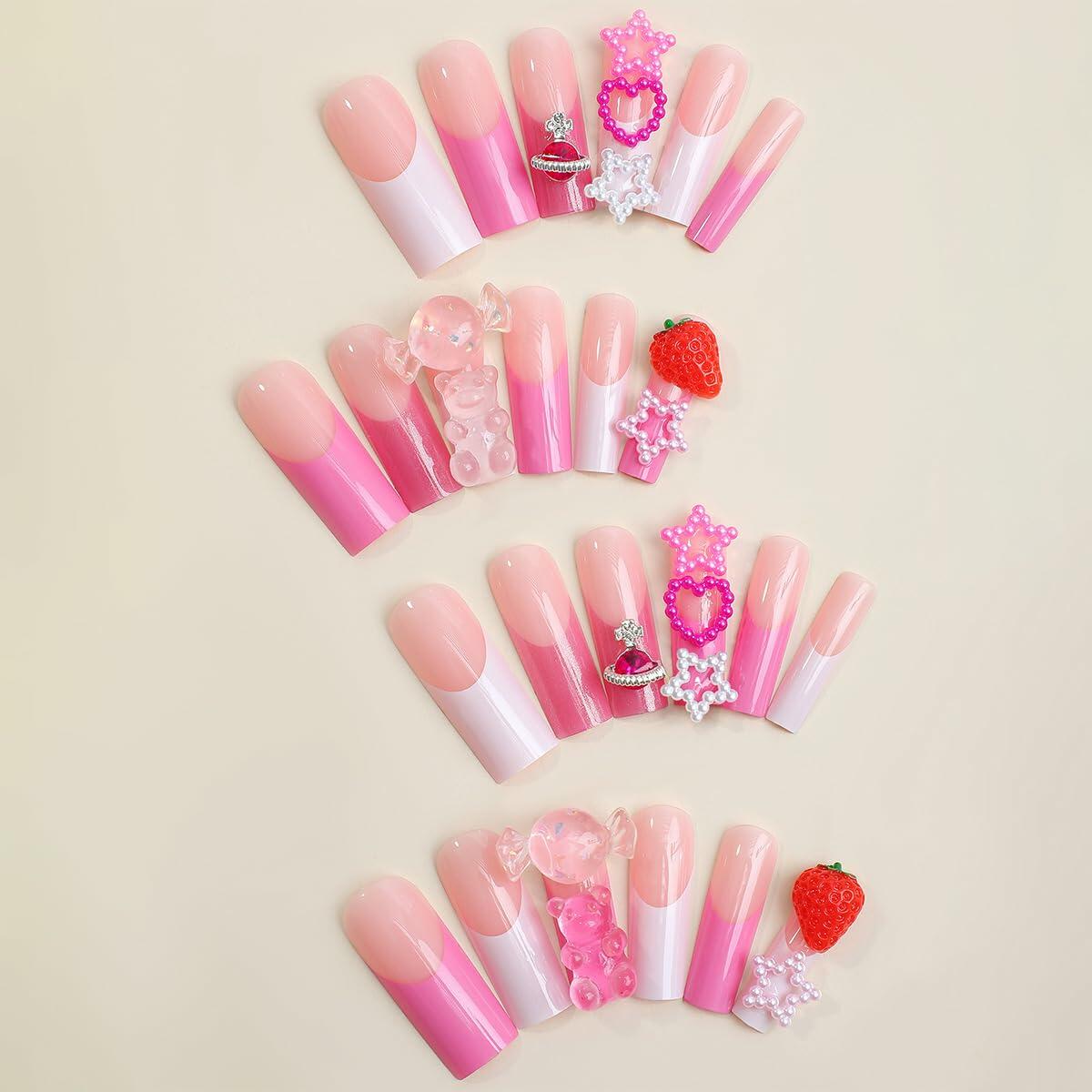 YEFIUO Pink Press On Nails 24 Pcs Long Square Full Cover Acrylic Set