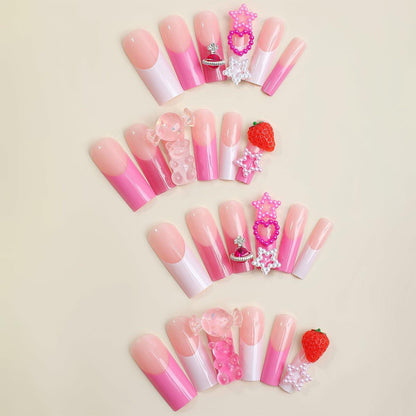 YEFIUO Pink Press On Nails 24 Pcs Long Square Full Cover Acrylic Set