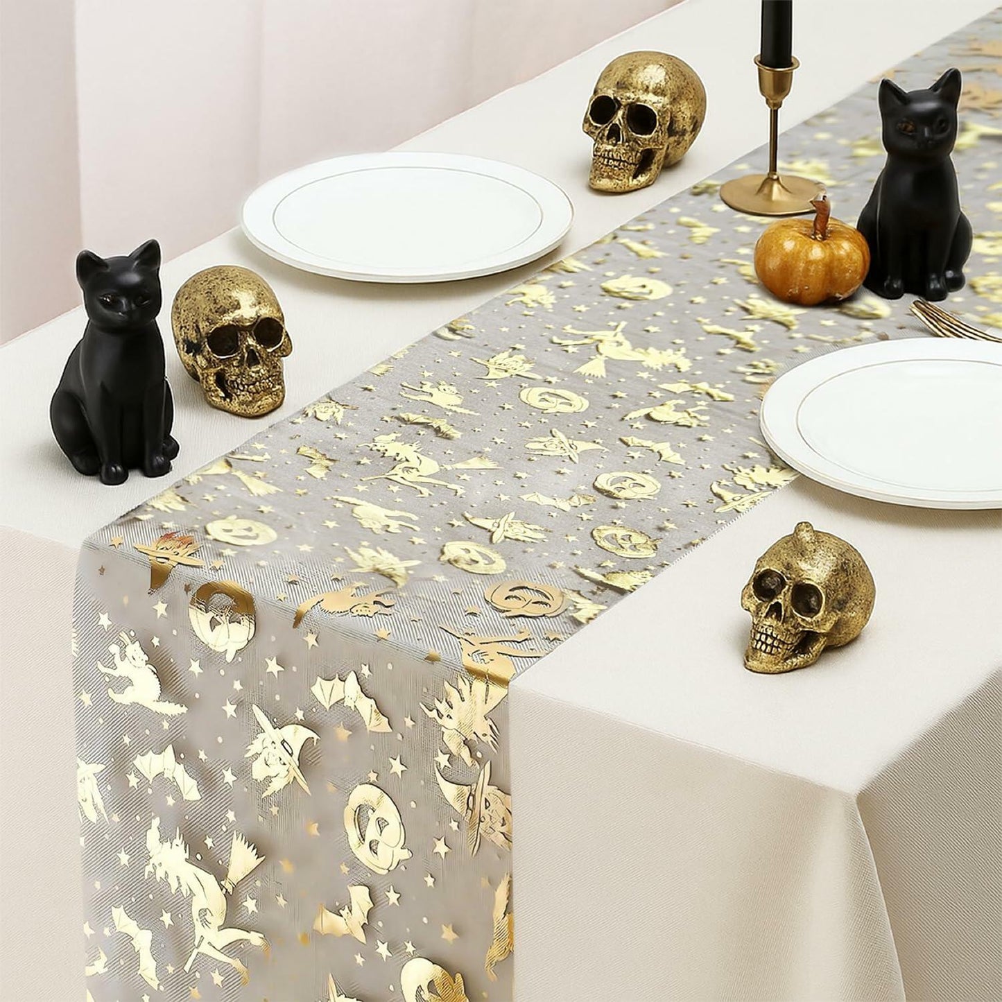 Sioloc Halloween Table Runner Gold Foil Witch Bat Pumpkin Sheer Polyester