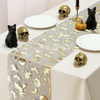 Sioloc Halloween Table Runner Gold Foil Witch Bat Pumpkin Sheer Polyester