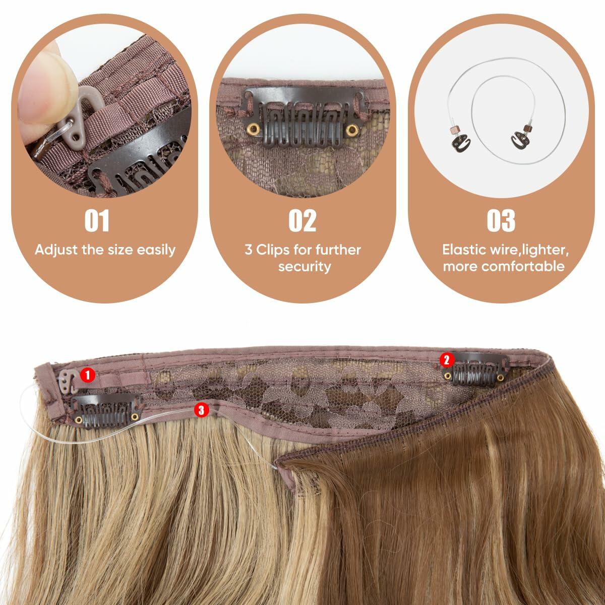 challeam Invisible Transparent Wire Hair Extensions Wavy Curly Long Synthetic