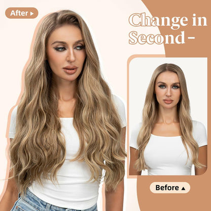 challeam Invisible Transparent Wire Hair Extensions Wavy Curly Long Synthetic