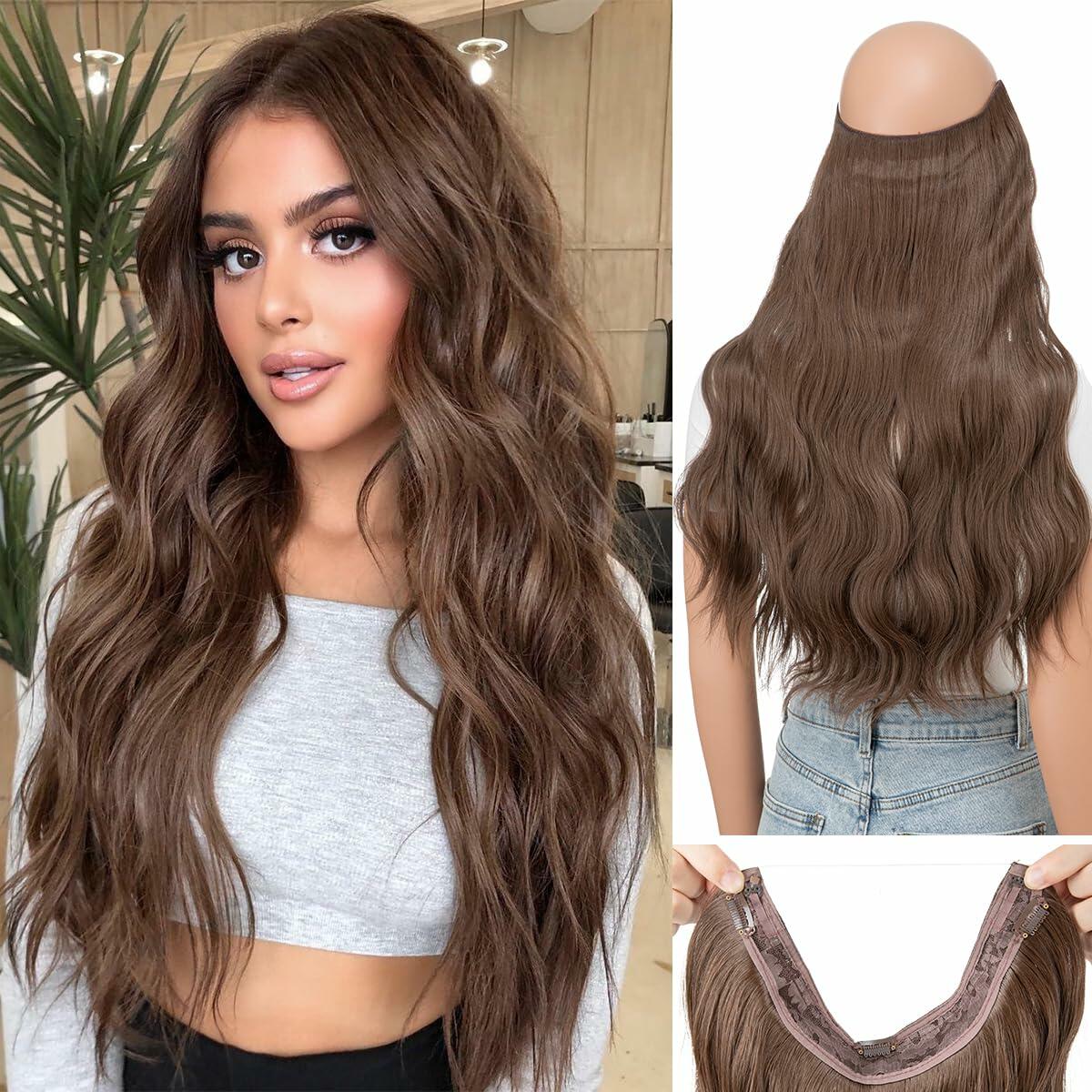 challeam Invisible Transparent Wire Hair Extensions Wavy Curly Long Synthetic