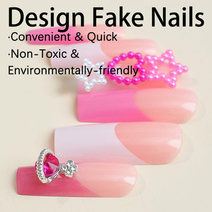 YEFIUO Pink Press On Nails 24 Pcs Long Square Full Cover Acrylic Set