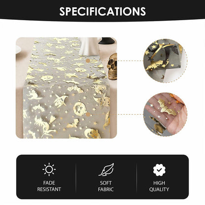 Sioloc Halloween Table Runner Gold Foil Witch Bat Pumpkin Sheer Polyester