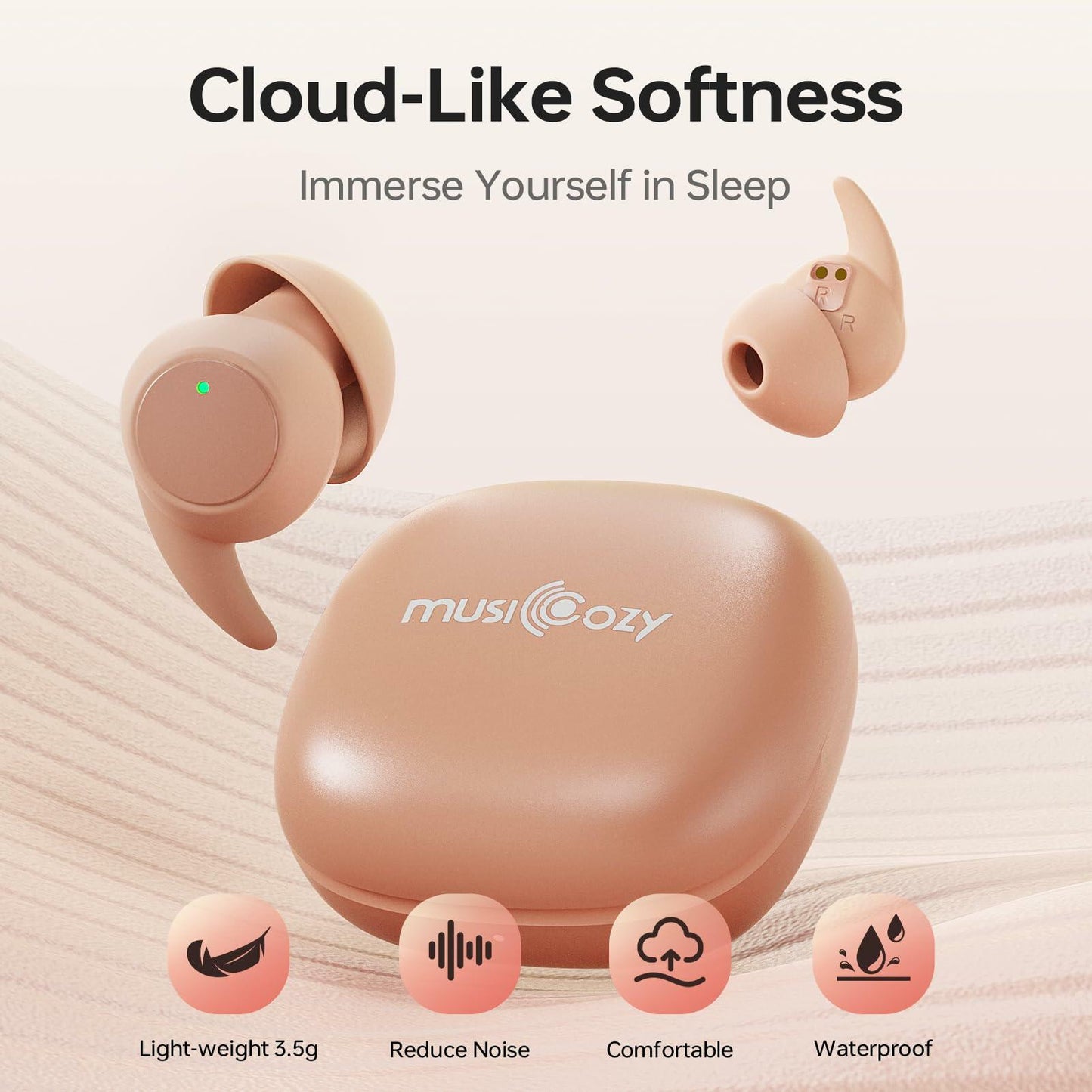 MUSICOZY Bluetooth 5.3 Sleep Earbuds Wireless Lightweight Silicone Ear Plugs