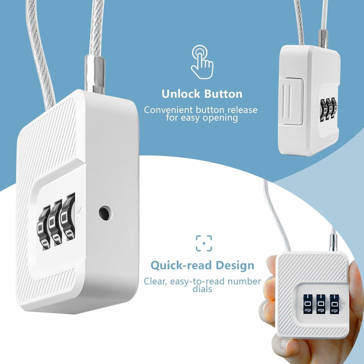 Coipdfty 3-Digit Combination Lock Flexible Steel Cable Waterproof White 1 Pack
