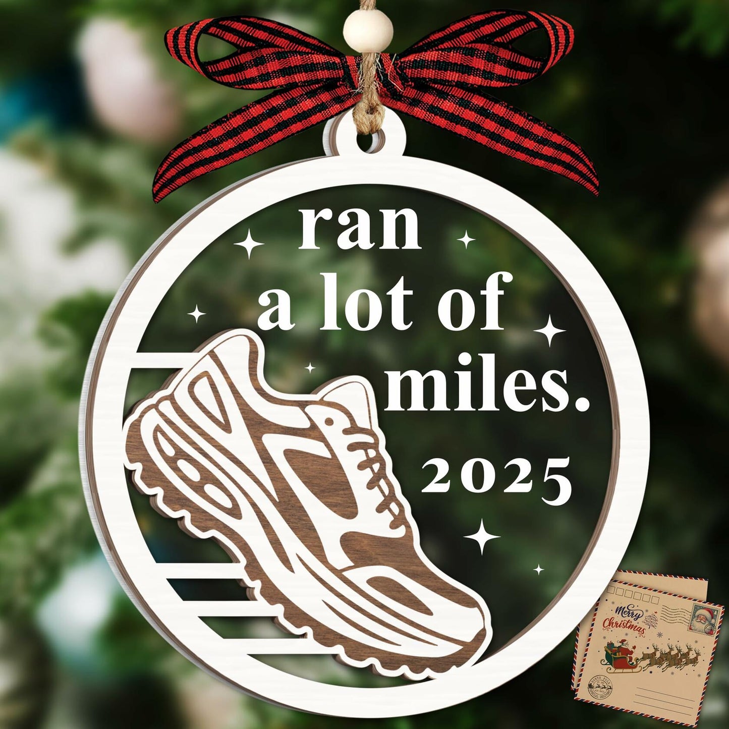 Hangwoous Marathon Runner Wooden Ornament 2 Layer Christmas Tree Sport