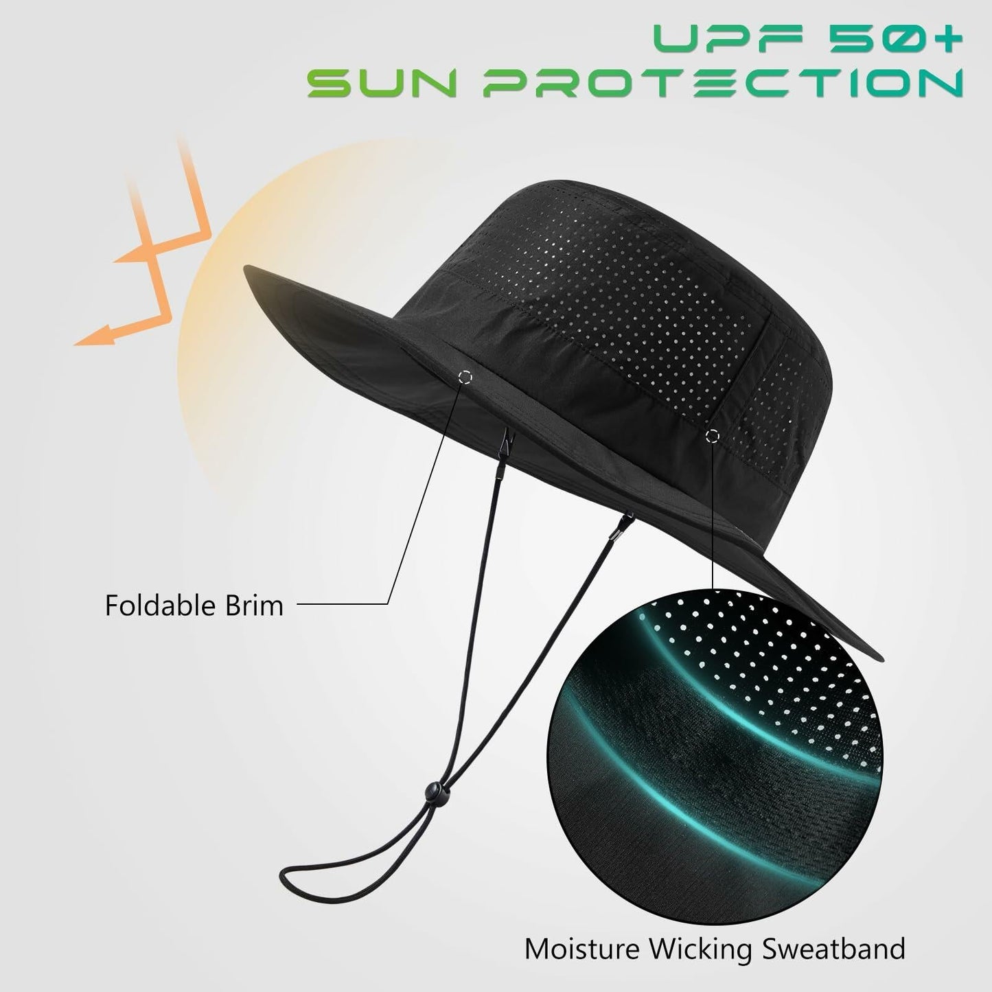 UVSAI UPF 50+ Bucket Sun Hat Laser Mesh Cooling Adjustable Black