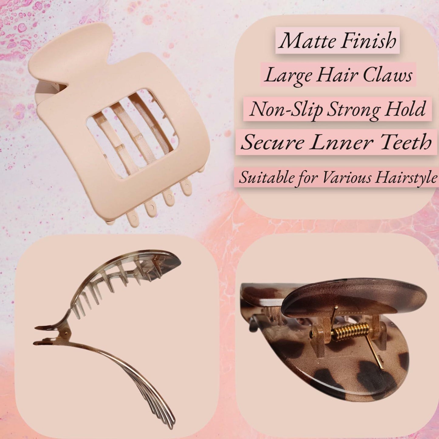 Generic 4-Pack Large Matte Non-Slip Claw Barrettes Hair Clips 4-Square