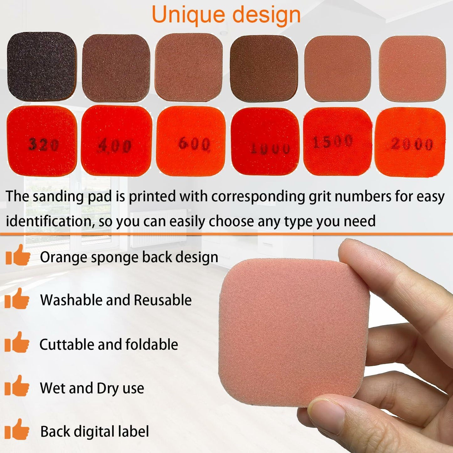 Toromp 2x2 Inch Soft Touch Sanding Pads 27 Pack Orange 320-3500 Grit