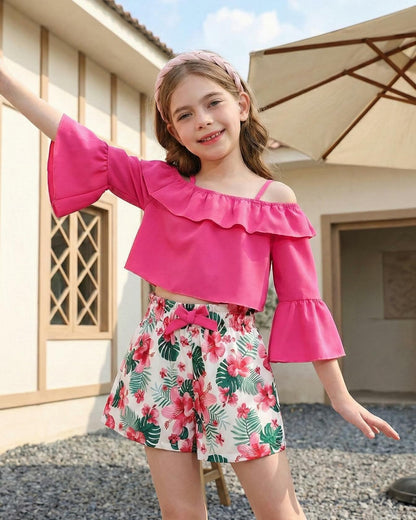 YOURUIKEY Girls Summer Halter Crop Top Floral Shorts Set Rose Red 11-12