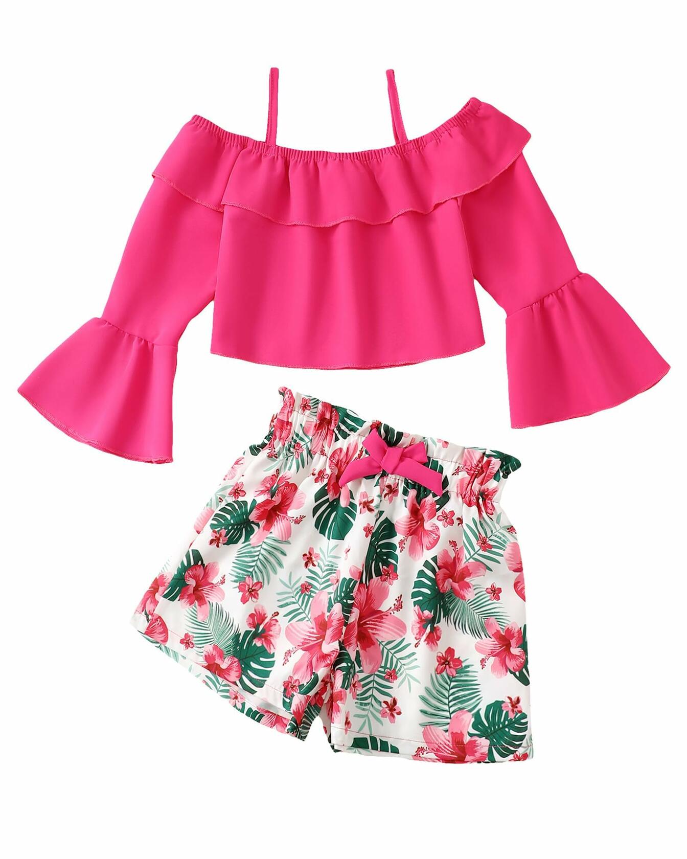 YOURUIKEY Girls Summer Halter Crop Top Floral Shorts Set Rose Red 11-12